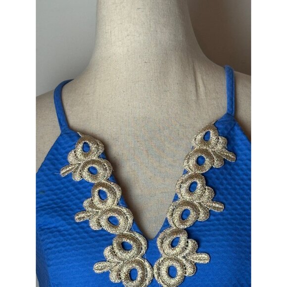Lilly Pulitzer Dress Women 0 Blue Gold Embroidered Lace Pearl Sheath Mini Preppy - Picture 7 of 12